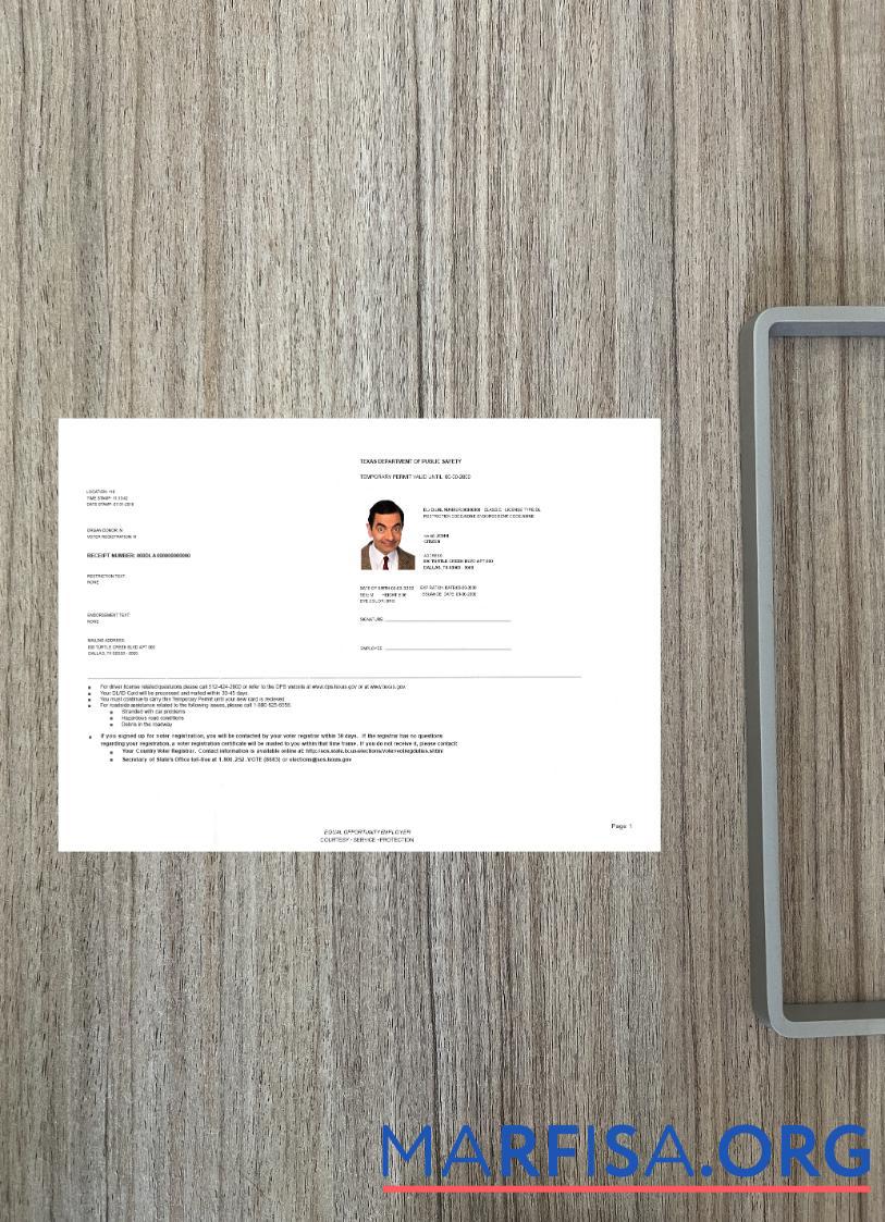 Realistic USA Texas temporary driving permit photolook sample